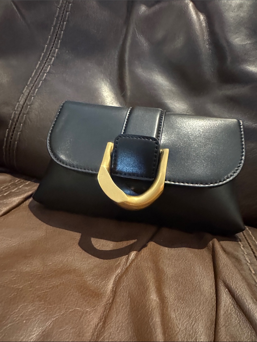 Charles & Keith Women's Black Leather Clutch Crossbody Beltbag with Gold Accent